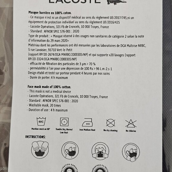 NWT LACOSTE Navy Blue Pique Cotton Ear Loop Face Mask W/ Pouch Unisex One Size - Picture 4 of 9